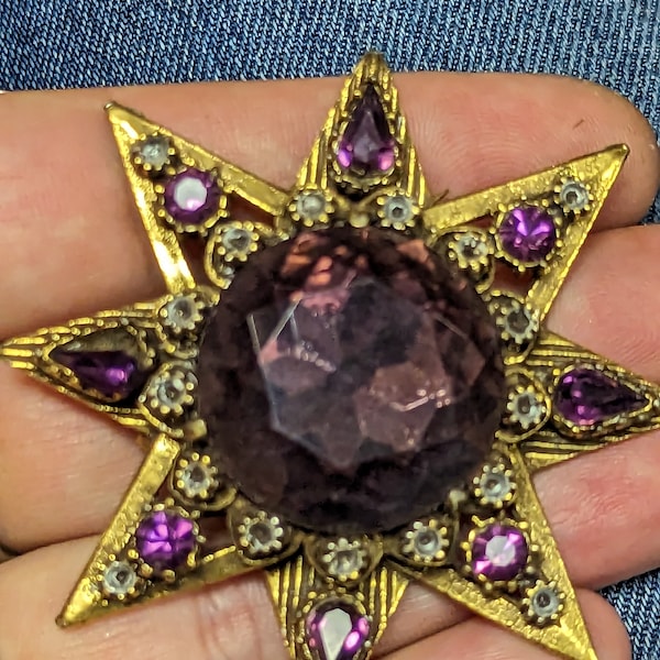 Grande broche vintage Florenza Amethyst Strass Star