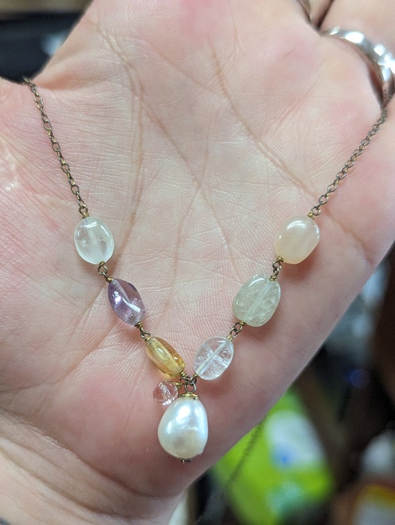 Gemstone and Real Pearl Sterling Silver Necklace