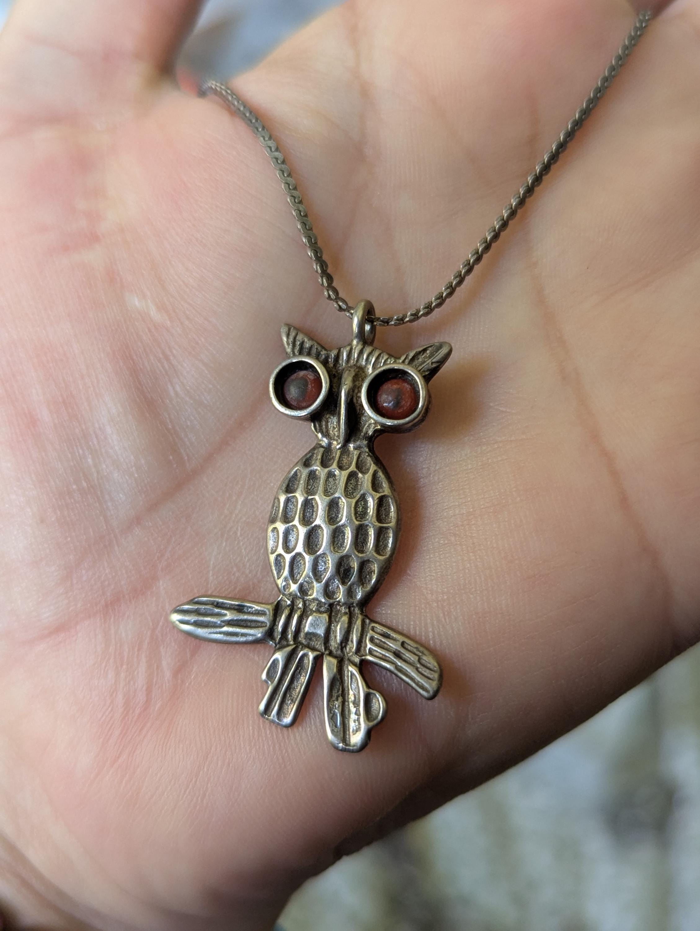 Funky Owl Sterling Silver Pendant w Sterling Chain Signed JS