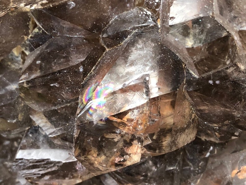 May include: A cluster of smoky quartz crystals with a rainbow iridescence. The crystals are clear and have a rough, natural texture.