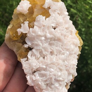 Mangoan Calcite over Yellow Fluorite Crystal Cluster, Moscona Mine, Asturias Spain