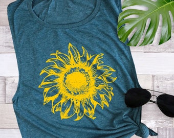 Vintage Sunflower Muscle Tank, Yoga Tank Tops for Women, Boho Summer Ladies Graphic Tanks