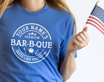 July 4th BBQ Party T-Shirt, Custom Names BBQ Taste Like Freedom, Funny Grilling Shirts for Adults