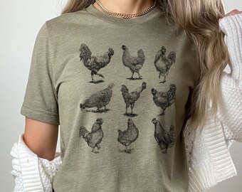 Vintage Chickens Graphic Tee, Cute Farming Shirts, Gift for Chicken Lover (BLACK INK)