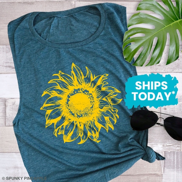 Vintage Sunflower Muscle Tank, Yoga Tank Tops for Women, Boho Summer Clothing