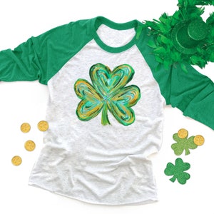 Brush Stroke Shamrock Raglan, St Patricks Day Baseball Tee, Colorful Three Leaf Clover Shirt (BRUSH STROKE SHAMROCK)