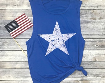 Distressed Star Muscle Tee: Womens Fourth of July Tanks