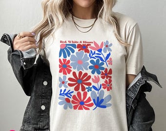 Camiseta floral del 4 de julio: camiseta patriótica roja, blanca y floreciente