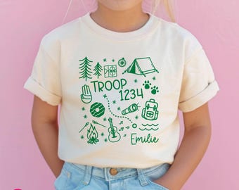 Custom Troop Number Shirt with Name: Camping Coquette Doodles Graphic Tee