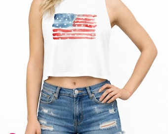 Summer American Flag Racerback Cropped Tank: Watercolor 4th of July Tanks for Women