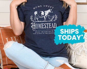 Home Sweet Homestead Shirt, Farm Mom Unisex Graphic Tee, Homesteading Tshirt, Dairy Cow and Chicken T-Shirt