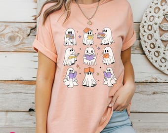 Bookish Halloween Ghost Reading T-Shirt: Teacher Librarian Graphic Tee