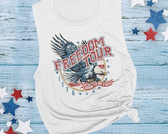 Womens 4th of July Muscle Tank: Freedom Tour Eagle Graphic