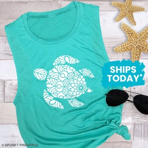 Sea Turtle Muscle Tank, Mandala Turtle Tank Top, Summer Vacation Muscle Tee for Women