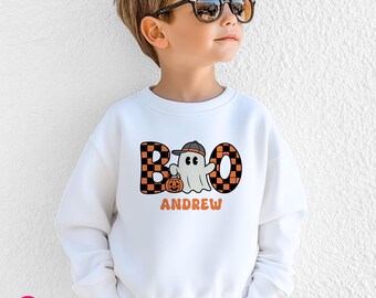 Halloween Ghost Sweatshirt: Checkered Boo with Name Custom Pullover