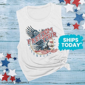 Freedom Tour Graphic Muscle Tank, Womens 4th of July, Born to Be Free 1776 with Eagle