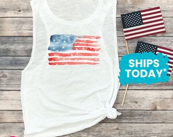 Patriotic Tanks for Women, Watercolor American Flag Muscle Tank, 4th of July Shirt