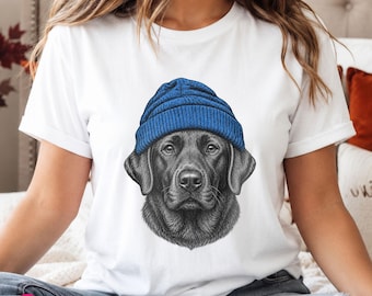 Funny Dog Shirt for Kids & Adults: Black Labrador Dog with Beanie Graphic Tee