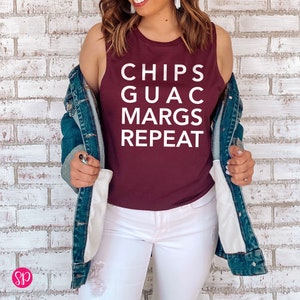 Chips Guac Margs Repeat, Margarita Tank Top, Womens Muscle Tee