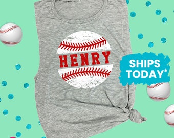 Distressed Baseball with Custom Name Tank, Biggest Fan Muscle Tank for Women, Cute Baseball Shirts for Mom