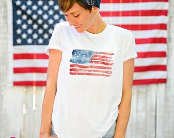 Watercolor Flag T-Shirt, America Flag Shirt, 4th of July Patriotic Graphic Tee