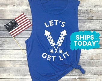 Fireworks Tank, July Fourth Tanks, Let's Get Lit, Patriotic Muscle Tank, Workout Muscle Shirts, Funny 4th of July Tank