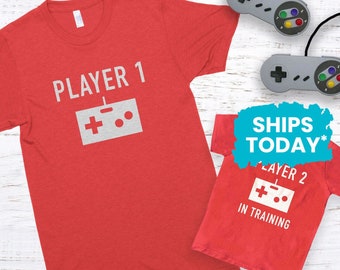 Video Gamer Shirt Set, Player 1 and Player 2 Gaming Shirts, Father's Day Gift