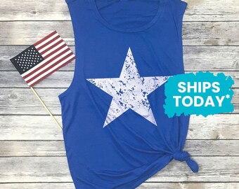 Distressed Star Muscle Tank, Fourth of July Tanks Women, Patriotic Tank Top