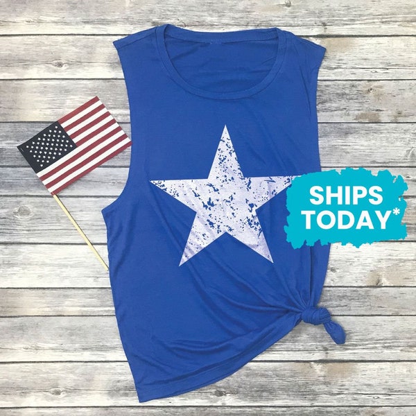 Distressed Star Muscle Tank, Fourth of July Tanks Women, Patriotic Tank Top