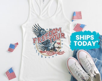 USA Freedom Tour American Eagle Tank Top, Womens 4th of July Graphic Tanks, Patriotic Tops for Women
