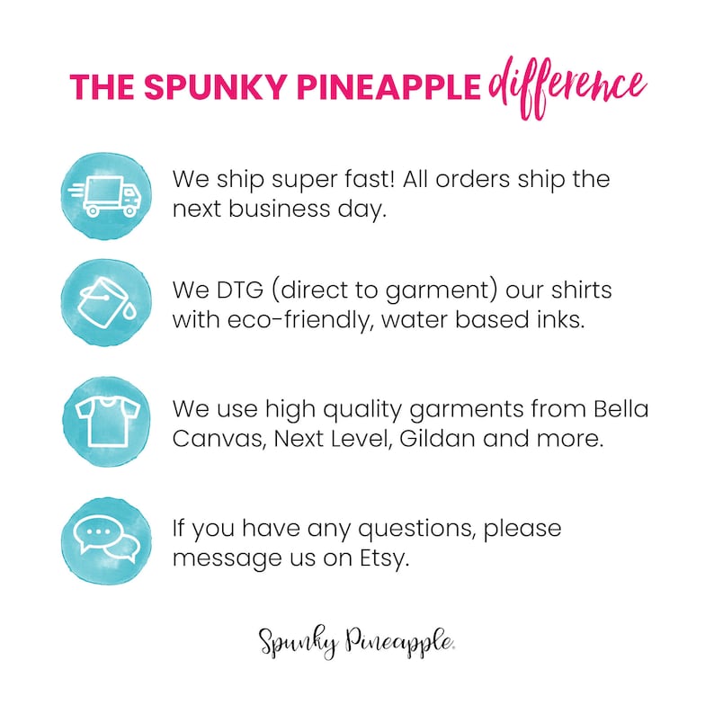 K&ouml;nnte beinhalten: Eine Grafik mit t&uuml;rkisfarbenem Hintergrund und wei&szlig;em Text, der die Vorteile des Einkaufs bei Spunky Pineapple beschreibt. Der Text lautet: "Wir versenden super schnell! Alle Bestellungen werden am n&auml;chsten Werktag versandt. Wir verwenden DTG (Direct to Garment) f&uuml;r unsere Shirts mit umweltfreundlichen, wasserbasierten Tinten. Wir verwenden hochwertige Kleidungsst&uuml;cke von Bella Canvas, Next Level, Gildan und mehr. Wenn Sie Fragen haben, k&ouml;nnen Sie uns gerne auf Etsy kontaktieren. Spunky Pineapple."