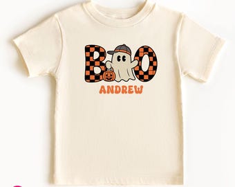 Boy Boo Ghost with Name Graphic Tee: Personalized Boys Halloween T-Shirt
