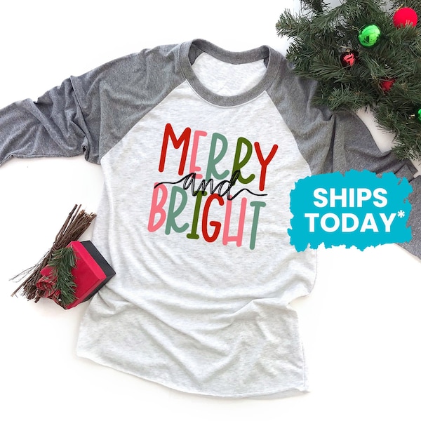 Merry & Bright Raglan Shirt, Christmas Baseball Tee, Holiday Baseball Tshirt