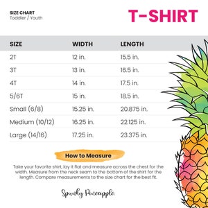 K&ouml;nnte beinhalten: Eine Gr&ouml;&szlig;entabelle f&uuml;r T-Shirts mit einer bunten Ananas-Illustration. Die Tabelle listet die Gr&ouml;&szlig;en von 2T bis Large (14/16) mit den entsprechenden Breiten- und L&auml;ngenma&szlig;en in Zoll auf.