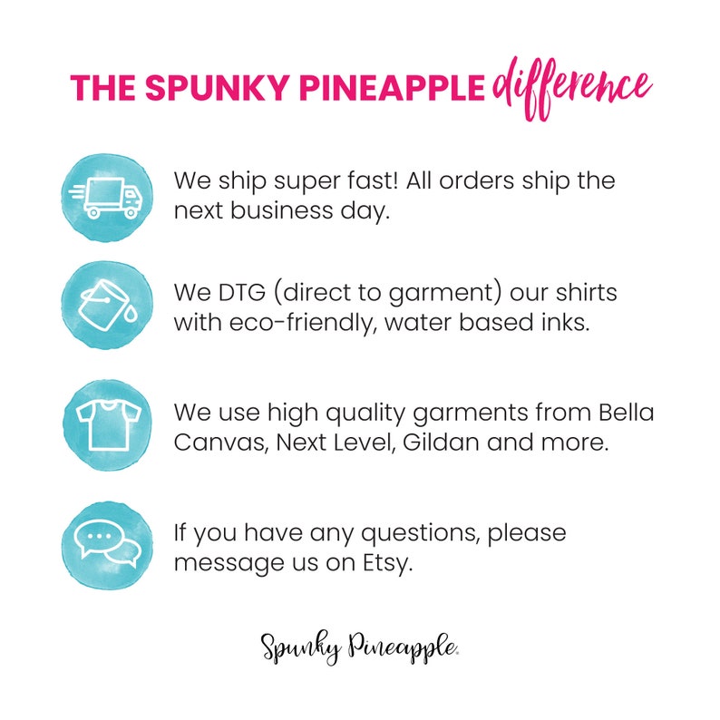 May include: White background with the text "THE SPUNKY PINEAPPLE difference" in pink and black. Below are four bullet points with text and watercolor illustrations. The Spunky Pineapple logo is at the bottom.