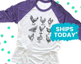 Country Graphic Tee, Vintage Chickens Raglan, Cute Hens T-Shirt