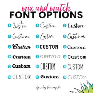 May include: A graphic showing 18 different font options for customizing text. The fonts are numbered 1 through 18 and include a variety of styles, including cursive, bold, and all caps. The text "mix and match FONT OPTIONS" is at the top of the graphic.