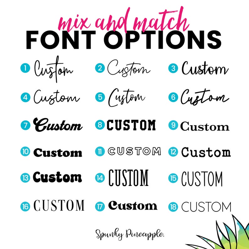 May include: A graphic showing 18 different font options for customizing text. The fonts are numbered 1 through 18 and include a variety of styles, including cursive, bold, and all caps. The text "mix and match FONT OPTIONS" is at the top of the graphic.