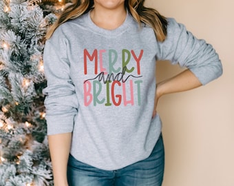 Merry and Bright Sweatshirt, Womens Christmas Sweater, Cute Holiday Sweatshirts