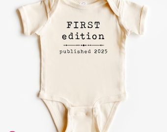 First Edition with Year Baby Onesies® Brand: Book Themed Pregnancy Announcement