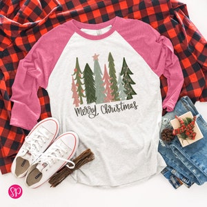 Merry Christmas Pink & Green Trees Raglan, Holiday Apparel for Women, Cute Xmas Shirt