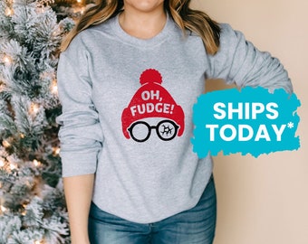 Funny Christmas Sweatshirt, Cute Holiday Sweaters, Oh Fudge Broken Glasses with Hat