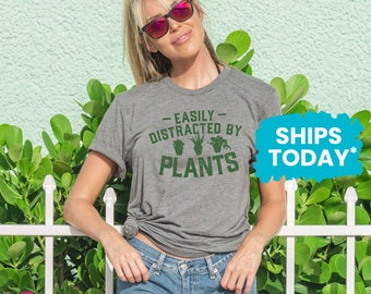 Plant Shirts with Funny Saying, Easily Distracted by Plants T-Shirt, Succulent Plants Graphic Tee (GREEN INK)