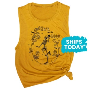 Skeleton Wine Drinking Tank Top, Here for the Boos Halloween Sleeveless Shirt, Funny Fall Wine Muscle Tee
