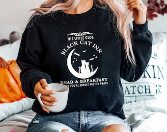 Black Cat Halloween Sweatshirt, The Black Cat Inn Dead & Breakfast, Creepy Halloween Sweater