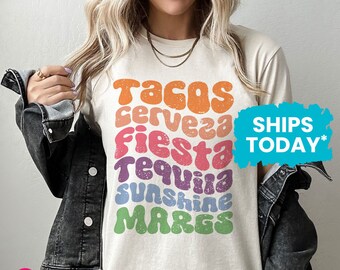 Tacos Cerveza Fiesta Tequila Sunshine Margs TShirt, Retro Cinco de Mayo Shirt, Cute Mexico Fiesta Party Top