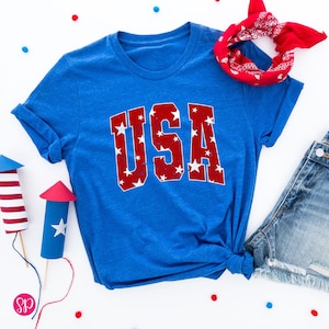 Distressed USA with Stars Graphic Tee, Retro Style USA T-Shirt, Fourth of July Shirt for Women