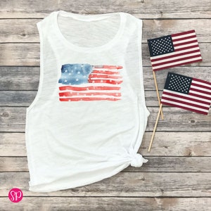 Patriotic Tanks for Women, Watercolor American Flag Womens Muscle Tank, 4th of July Ladies Graphic Muscle Tank