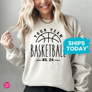 Custom Team Basketball Player Sweatshirt, Your Team Basketball with Ball Sweater, Personalized Sports Outfit (SKINNY TEXT)