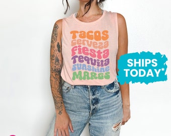 Fiesta Party Tanks, Tacos Cerveza Fiesta Tequila Sunshine Margs Muscle Tee for Women, Cinco de Mayo Food & Drinks